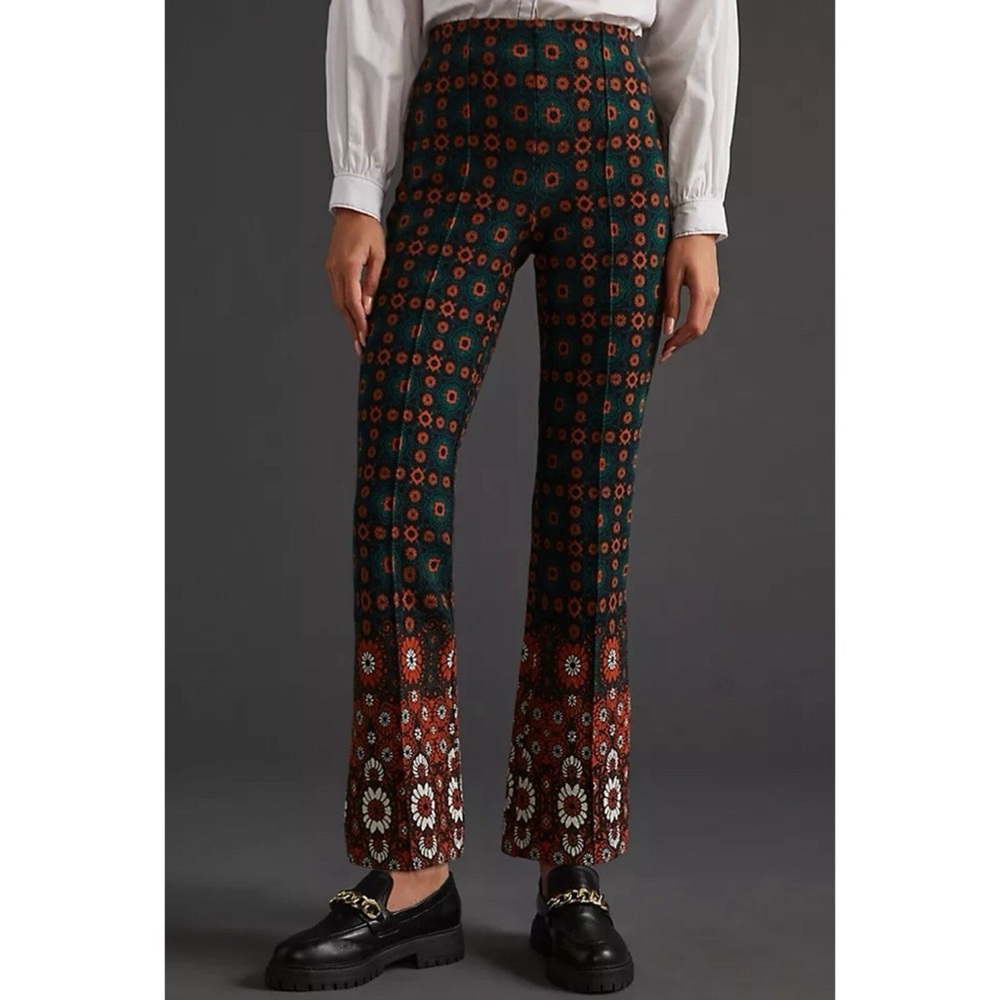 Anthropologie Maeve Green and Rust Flare Pants with Boot Cut